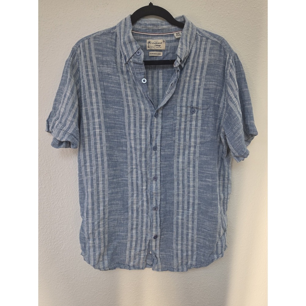 Weatherproof Vintage Linen Cotton Striped Shirt Men M Blue Collared Coastal